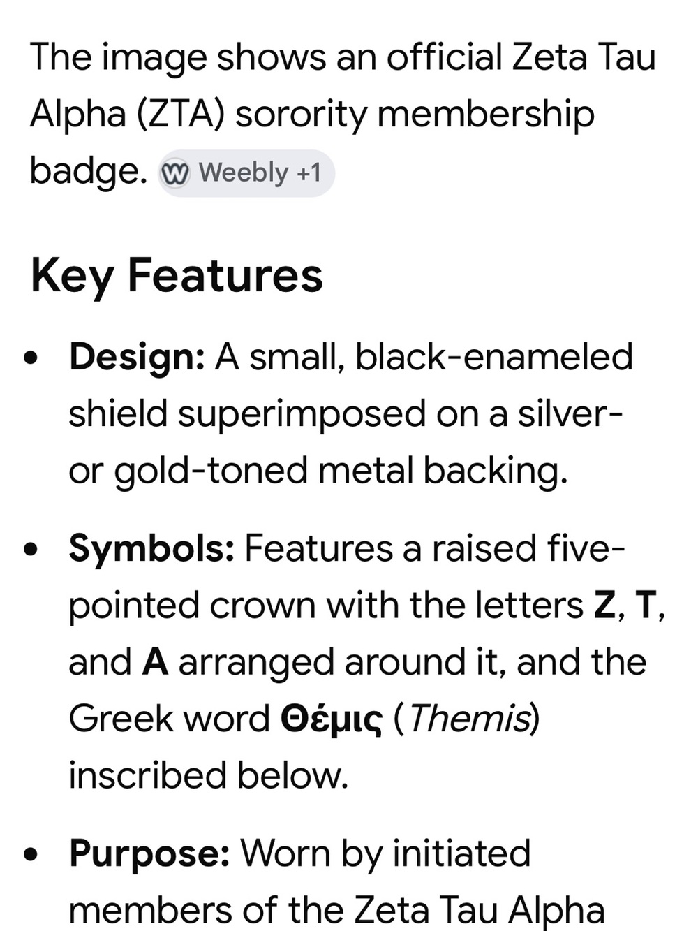 Zeta Tau Alpha Silver Shield Crest pinAccent with Crown Detail - Picture 4 of 4